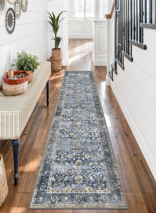 KUTA Vintage Washable Runner Rug, 2x7 Blue Grey Beige Runners for Hallways Non-Slip Kitchen Rugs Ultra Thin Soft Printed Distressed Oriental Floral Floor Carpet for Laundry Bedroom Living Room - Image 3